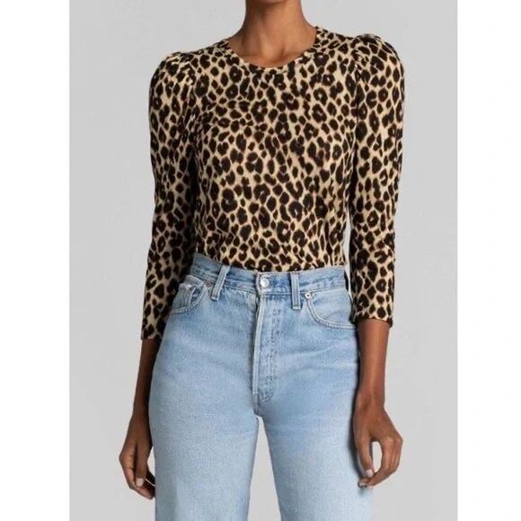 A.L.C. Karlie Leopard Print Puff-Sleeve T-Shirt‎ Size XS New with Tags - Picture 2 of 9